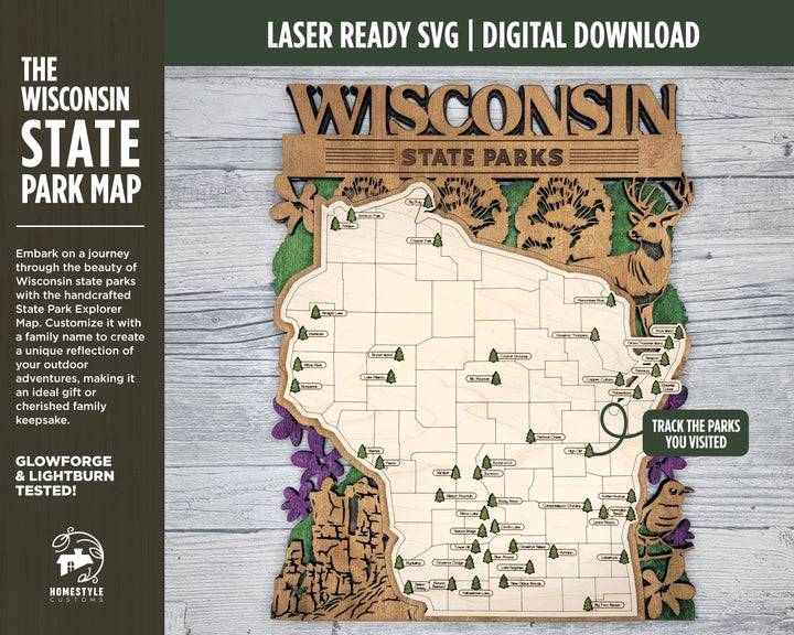 The Wisconsin State Park Map - Custom and Non Customizable Options - SVG, PDF File Download - Tested in Lightburn and Glowforge & Xtool
