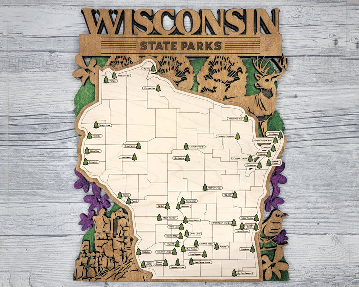 The Wisconsin State Park Map - Custom and Non Customizable Options - SVG, PDF File Download - Tested in Lightburn and Glowforge & Xtool