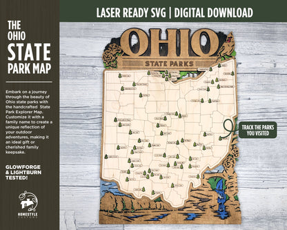 The Ohio State Park Map - Custom and Non Customizable Options - SVG, PDF File Download - Tested in Lightburn and Glowforge & Xtool