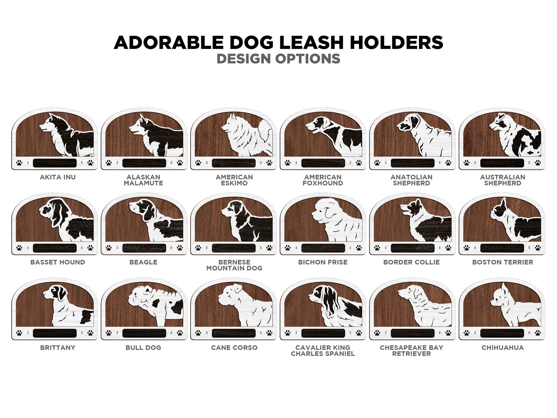 Adorable Dog Leash Holders - Pack 1 - 50 Breeds included - SVG, PDF, AI file types - Glowforge and Lightburn Tested