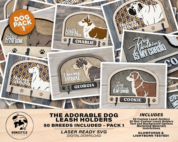Adorable Dog Leash Holders - Pack 1 - 50 Breeds included - SVG, PDF, AI file types - Glowforge and Lightburn Tested
