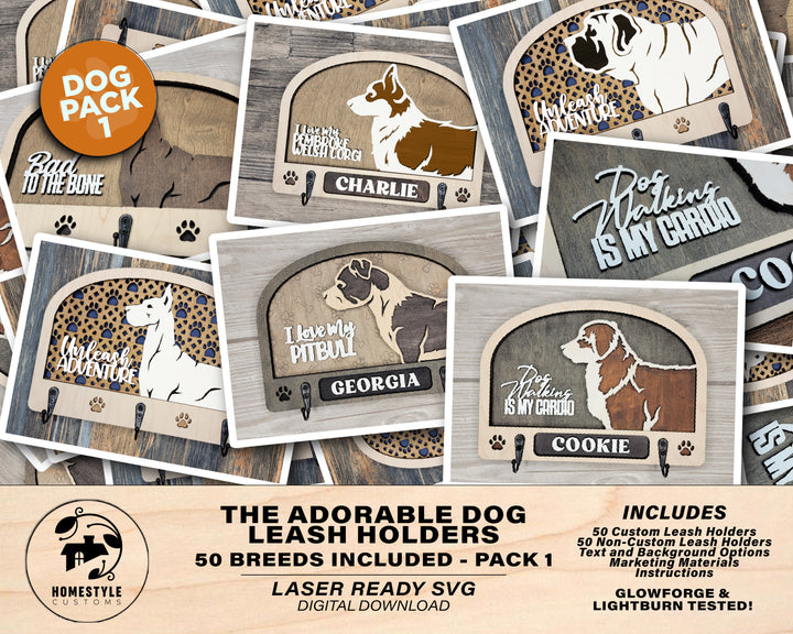 Adorable Dog Leash Holders - Pack 1 - 50 Breeds included - SVG, PDF, AI file types - Glowforge and Lightburn Tested