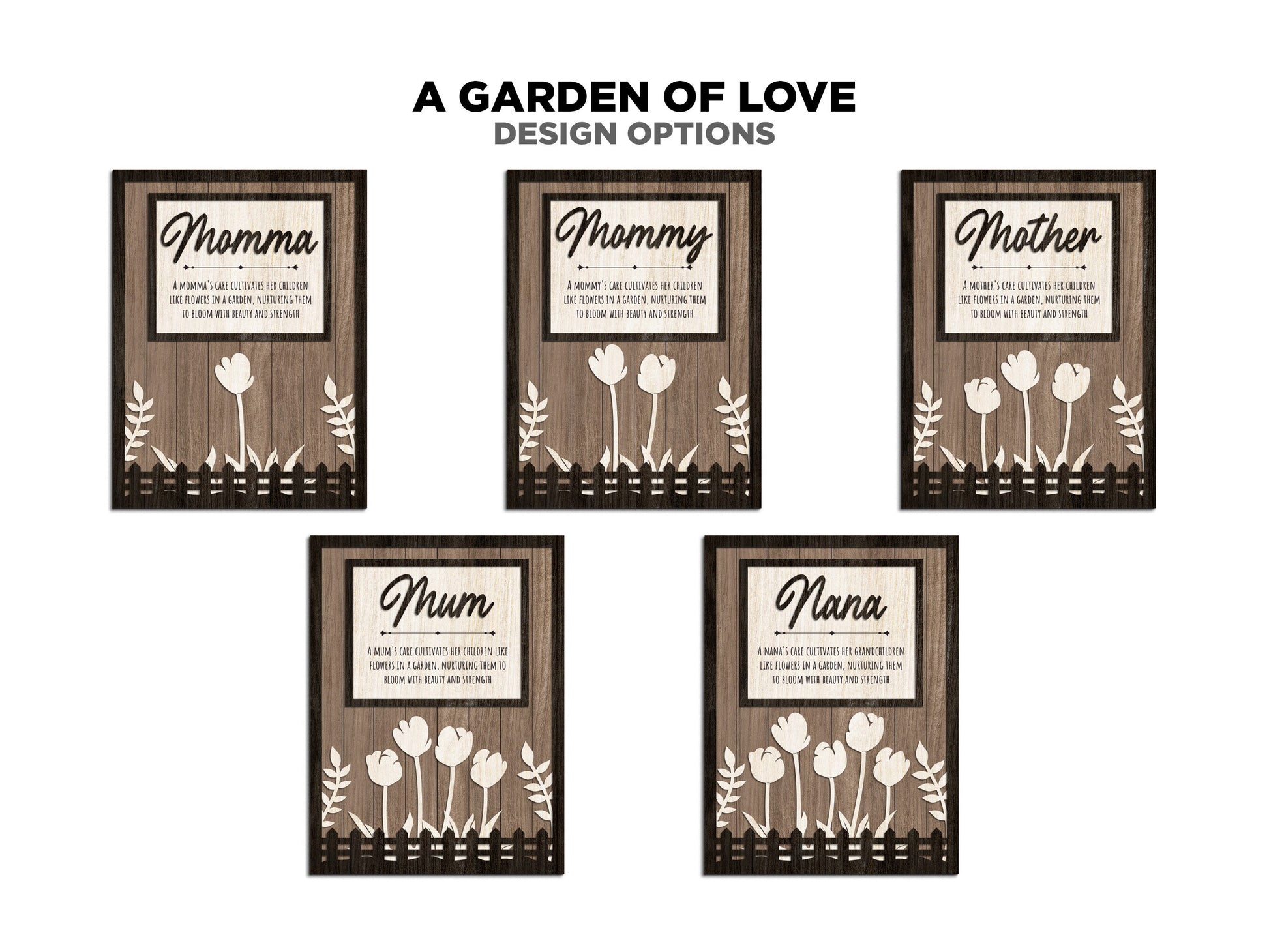 Garden of Love Signage - 1-6 Name - 11 variations of 'mom' - Tested on Glowforge, Xtool & Lightburn