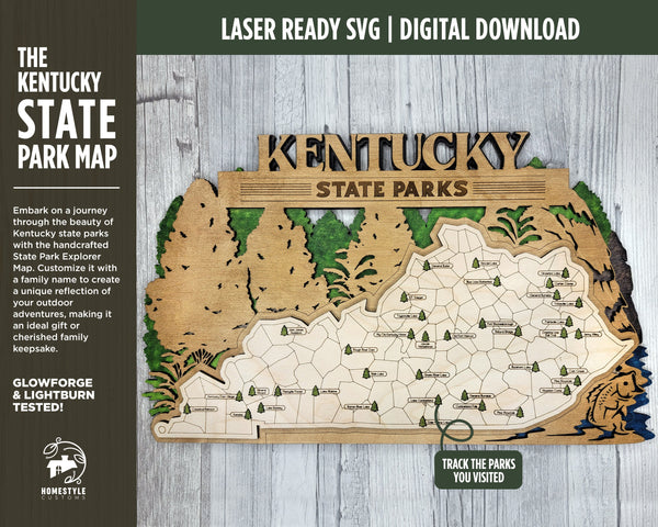 The Kentucy State Park Map - Custom and Non Customizable Options - SVG, PDF File Download - Tested in Lightburn and Glowforge & Xtool