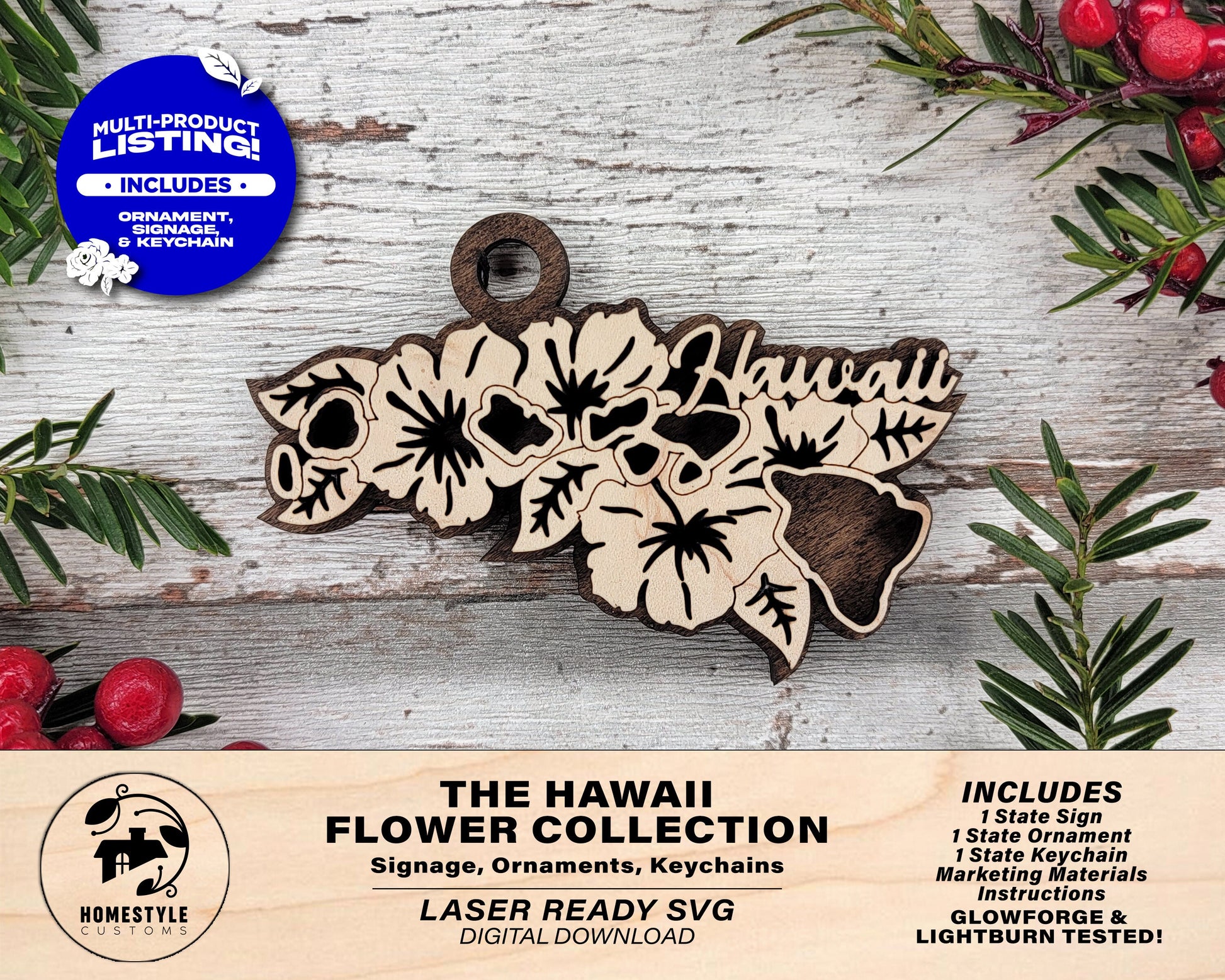 Hawaii State Flower Collection - Ornaments, Keychains & Signage Included - SVG, PDF, AI File types - Works With All Lasers