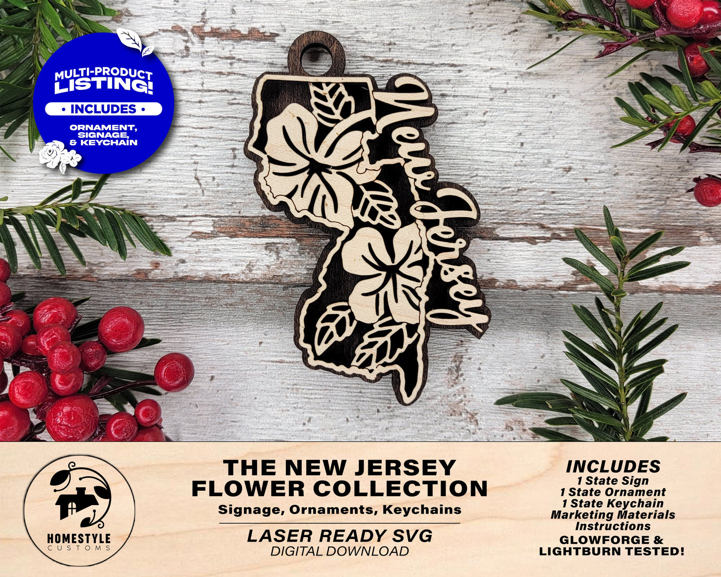 New Jersey State Flower Collection - Ornaments, Keychains & Signage Included - SVG, PDF, AI File types - Works With All Lasers