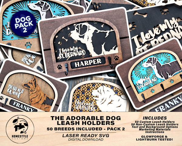 Adorable Dog Leash Holders - Pack 2 - 50 Breeds included - SVG, PDF,AI file types - Glowforge and Lightburn Tested