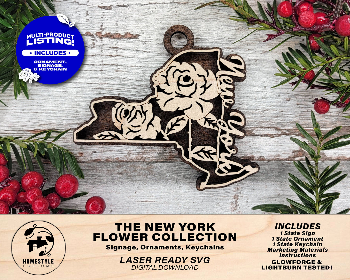 New York State Flower Collection - Ornaments, Keychains & Signage Included - SVG, PDF, AI File types - Works With All Lasers