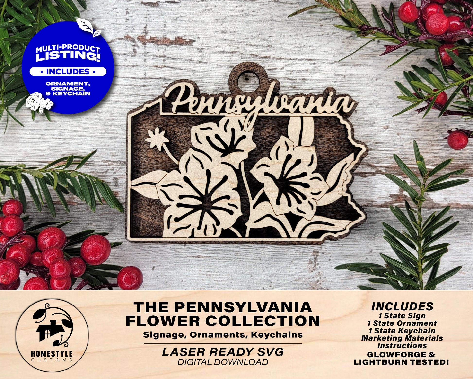 Pennsylvania State Flower Collection - Ornaments, Keychains & Signage Included - SVG, PDF, AI File types - Works With All Lasers