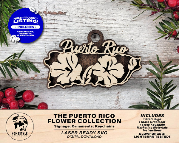 Puerto Rico State Flower Collection - Ornaments, Keychains & Signage Included - SVG, PDF, AI File types - Works With All Lasers