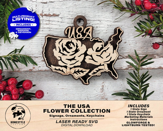 U.S.A Flower Collection - Ornaments, Keychains & Signage Included - SVG, PDF, AI File types - Works With All Lasers