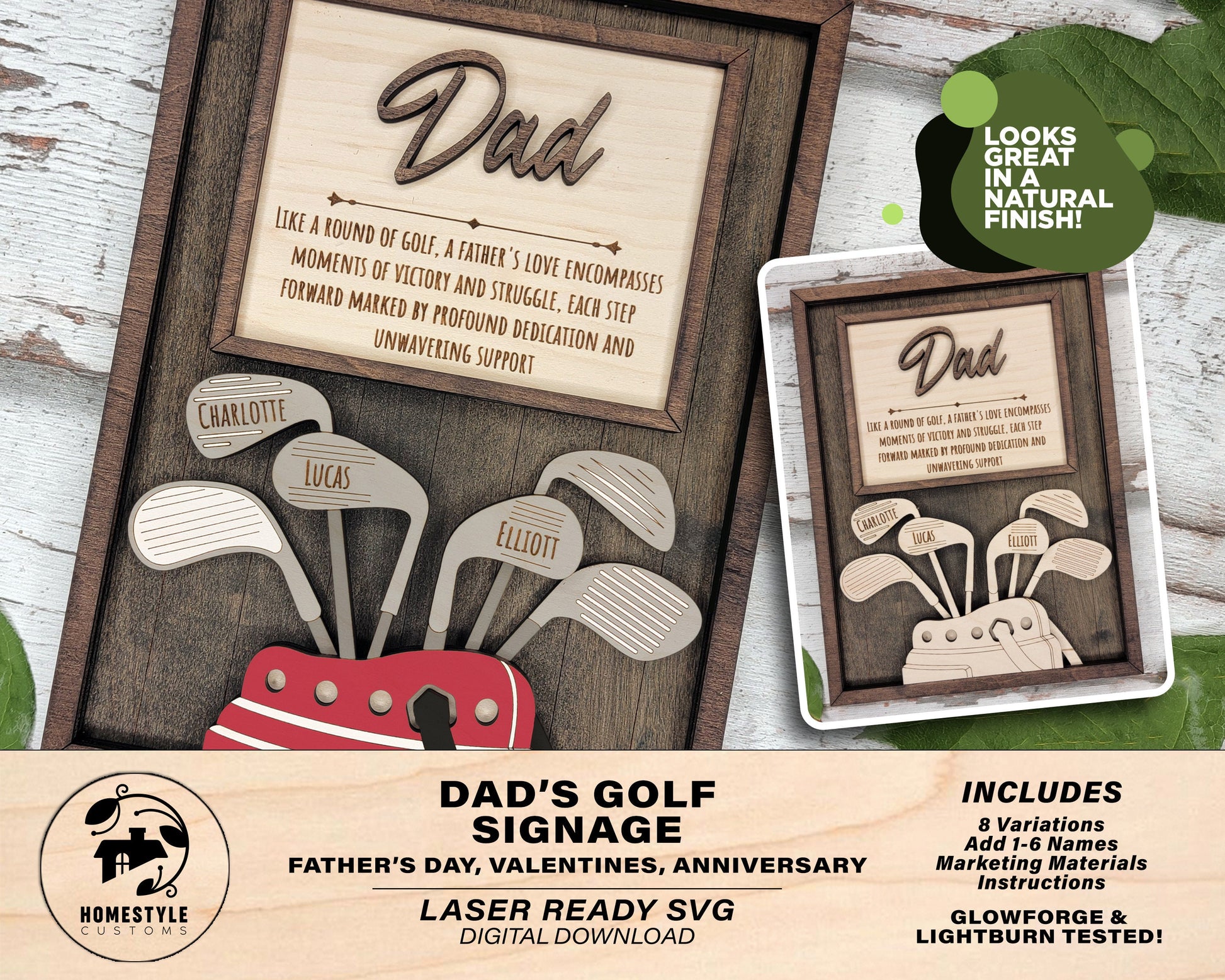 Dad's Golf Signage - 1-6 Name - 8 variations of 'Dad' - Tested on Glowforge, Xtool & Lightburn