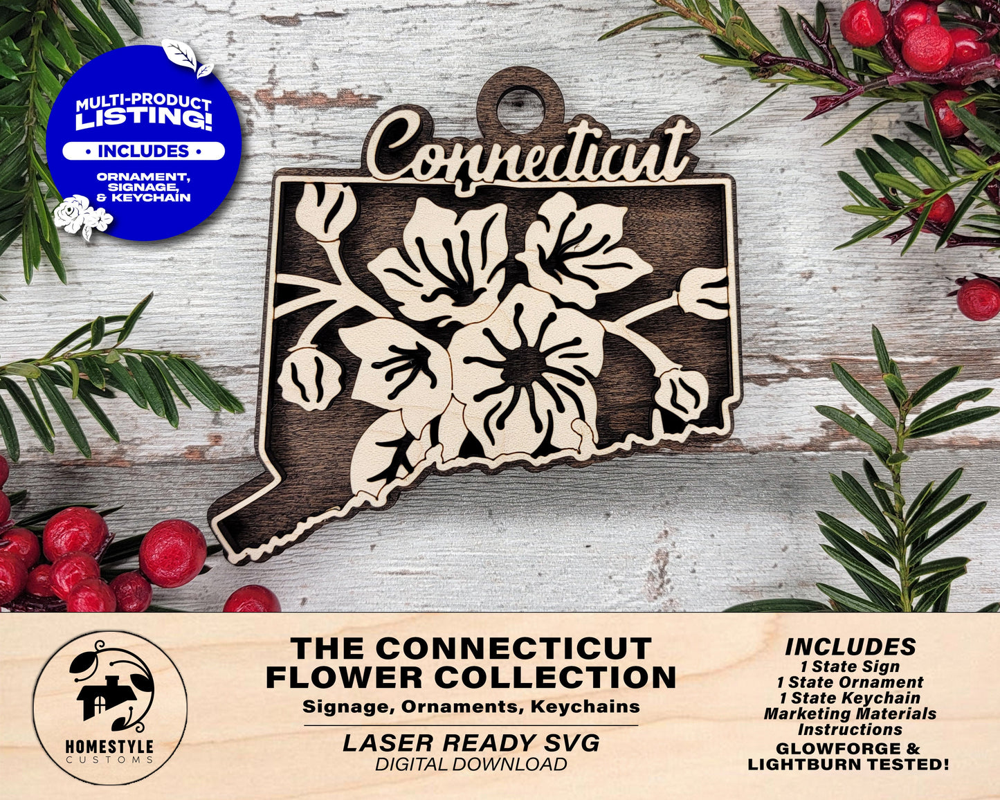 Connecticut State Flower Collection - Ornaments, Keychains & Signage Included - SVG, PDF, AI File types - Works With All Lasers