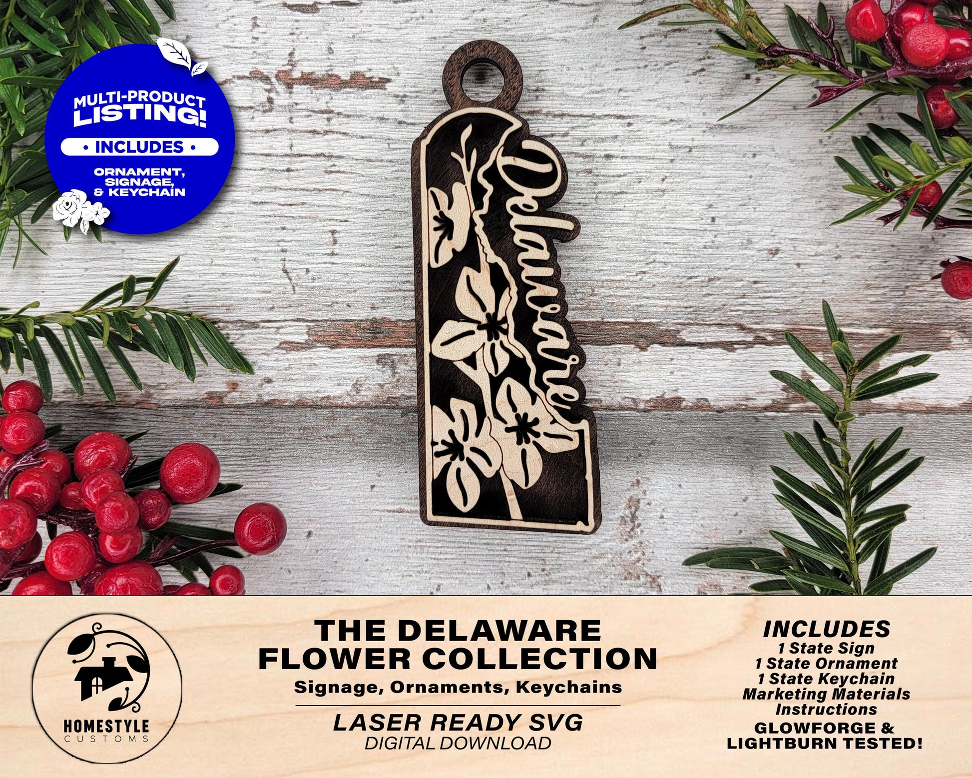 Delaware State Flower Collection - Ornaments, Keychains & Signage Included - SVG, PDF, AI File types - Works With All Lasers