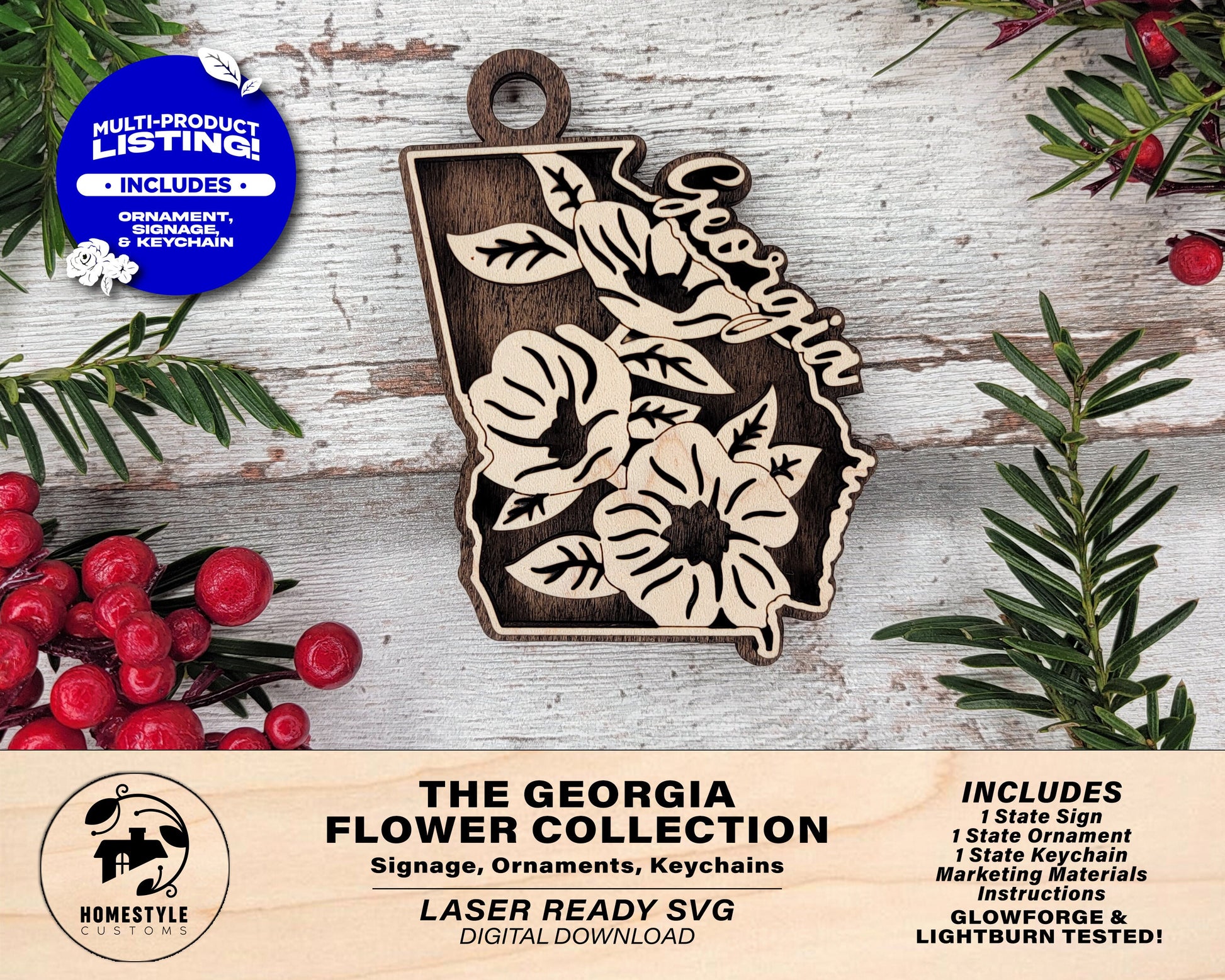 Georgia State Flower Collection - Ornaments, Keychains & Signage Included - SVG, PDF, AI File types - Works With All Lasers