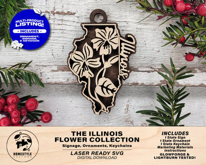 Illinois State Flower Collection - Ornaments, Keychains & Signage Included - SVG, PDF, AI File types - Works With All Lasers