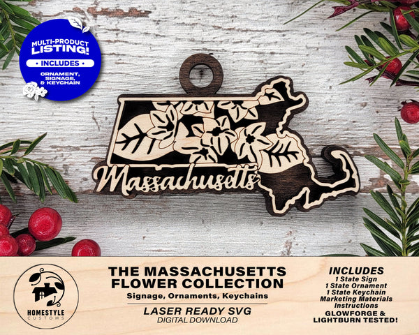 Massachusetts State Flower Collection - Ornaments, Keychains & Signage Included - SVG, PDF, AI File types - Works With All Lasers