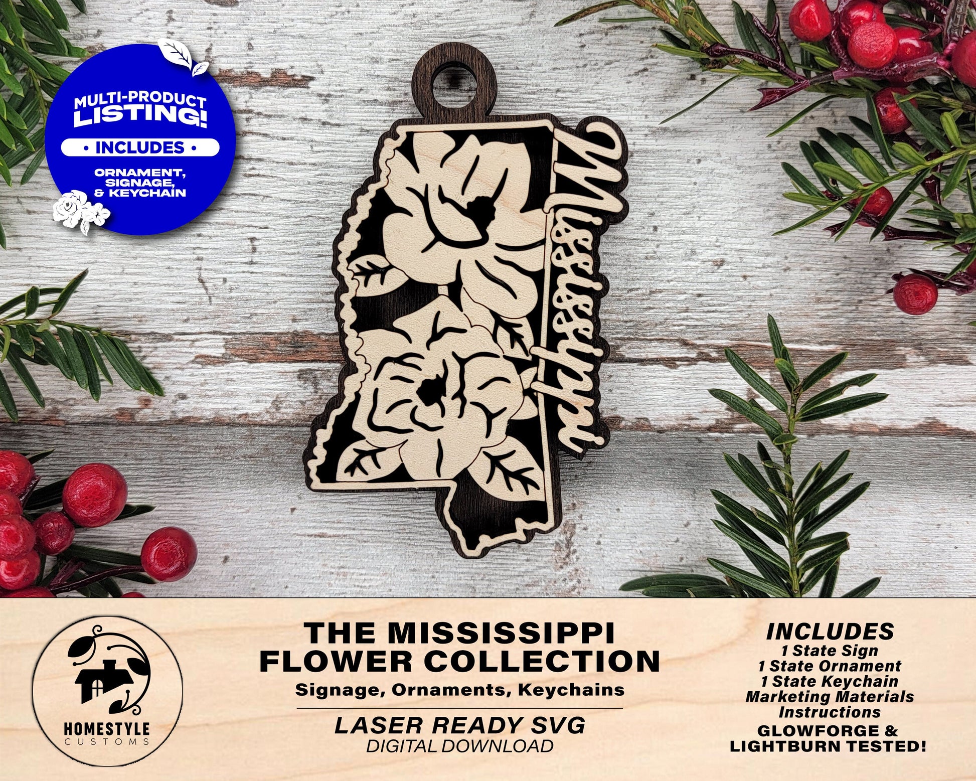 Mississippi State Flower Collection - Ornaments, Keychains & Signage Included - SVG, PDF, AI File types - Works With All Lasers