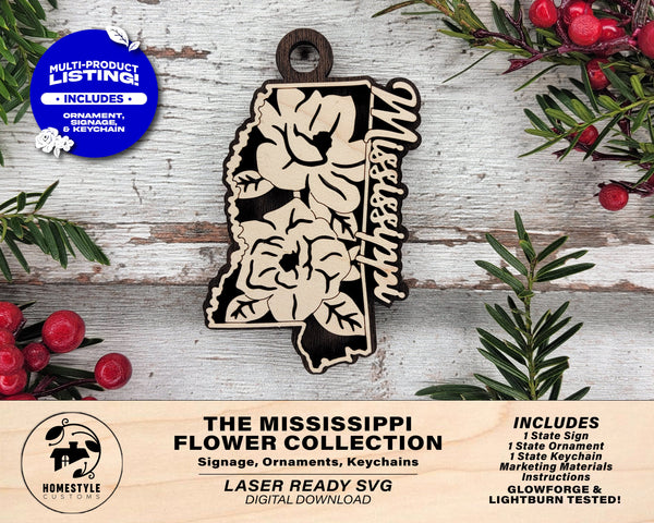 Mississippi State Flower Collection - Ornaments, Keychains & Signage Included - SVG, PDF, AI File types - Works With All Lasers