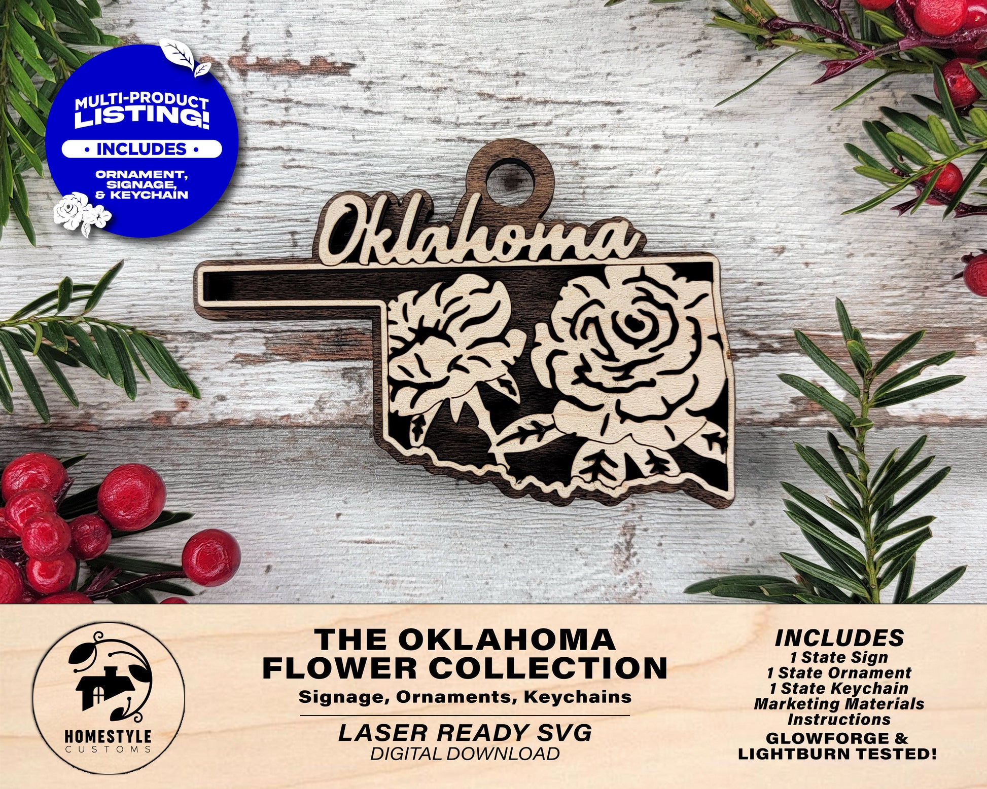 Oklahoma State Flower Collection - Ornaments, Keychains & Signage Included - SVG, PDF, AI File types - Works With All Lasers