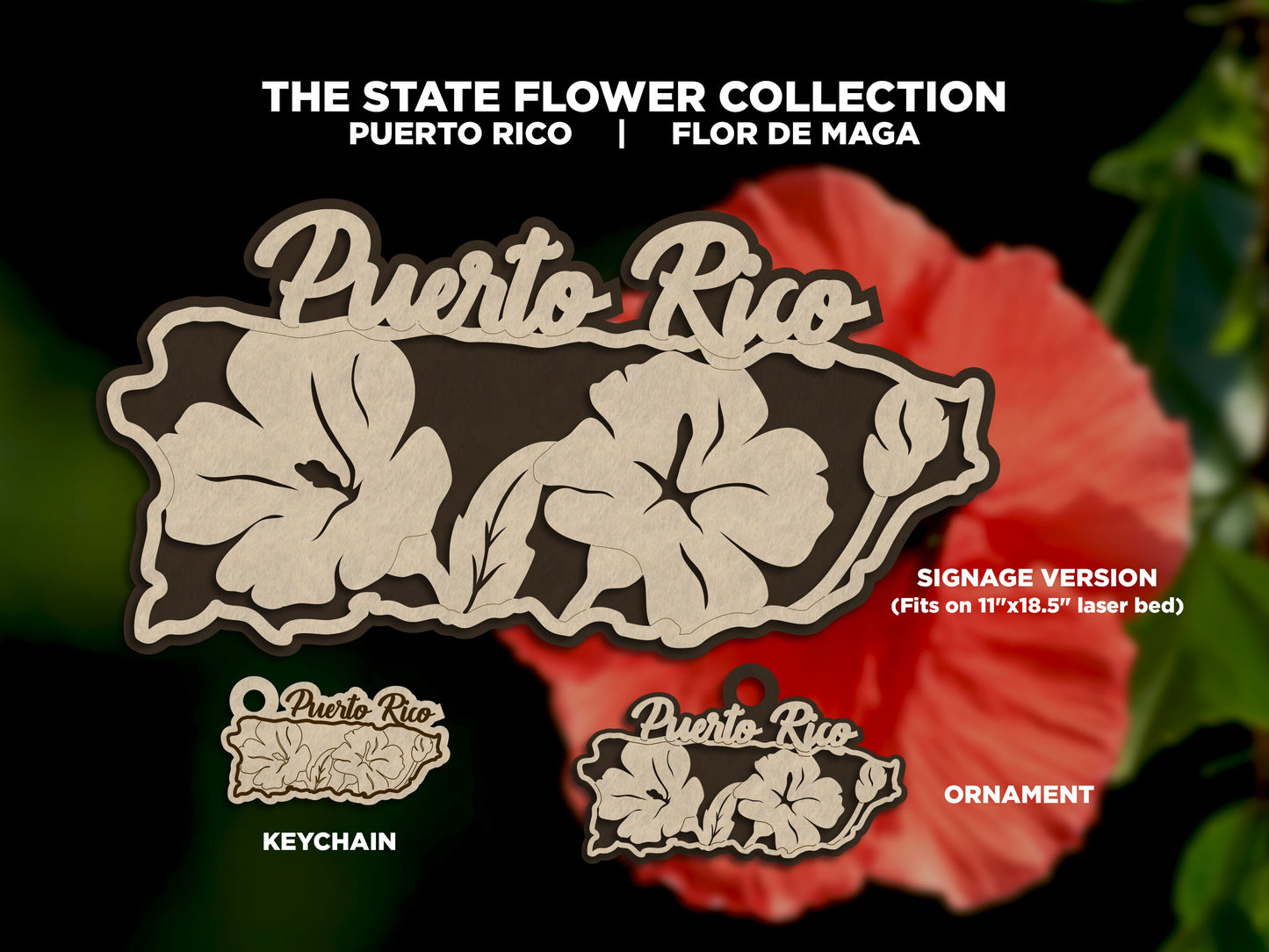 Puerto Rico State Flower Collection - Ornaments, Keychains & Signage Included - SVG, PDF, AI File types - Works With All Lasers