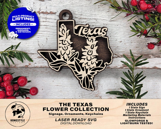 Texas State Flower Collection - Ornaments, Keychains & Signage Included - SVG, PDF, AI File types - Works With All Lasers