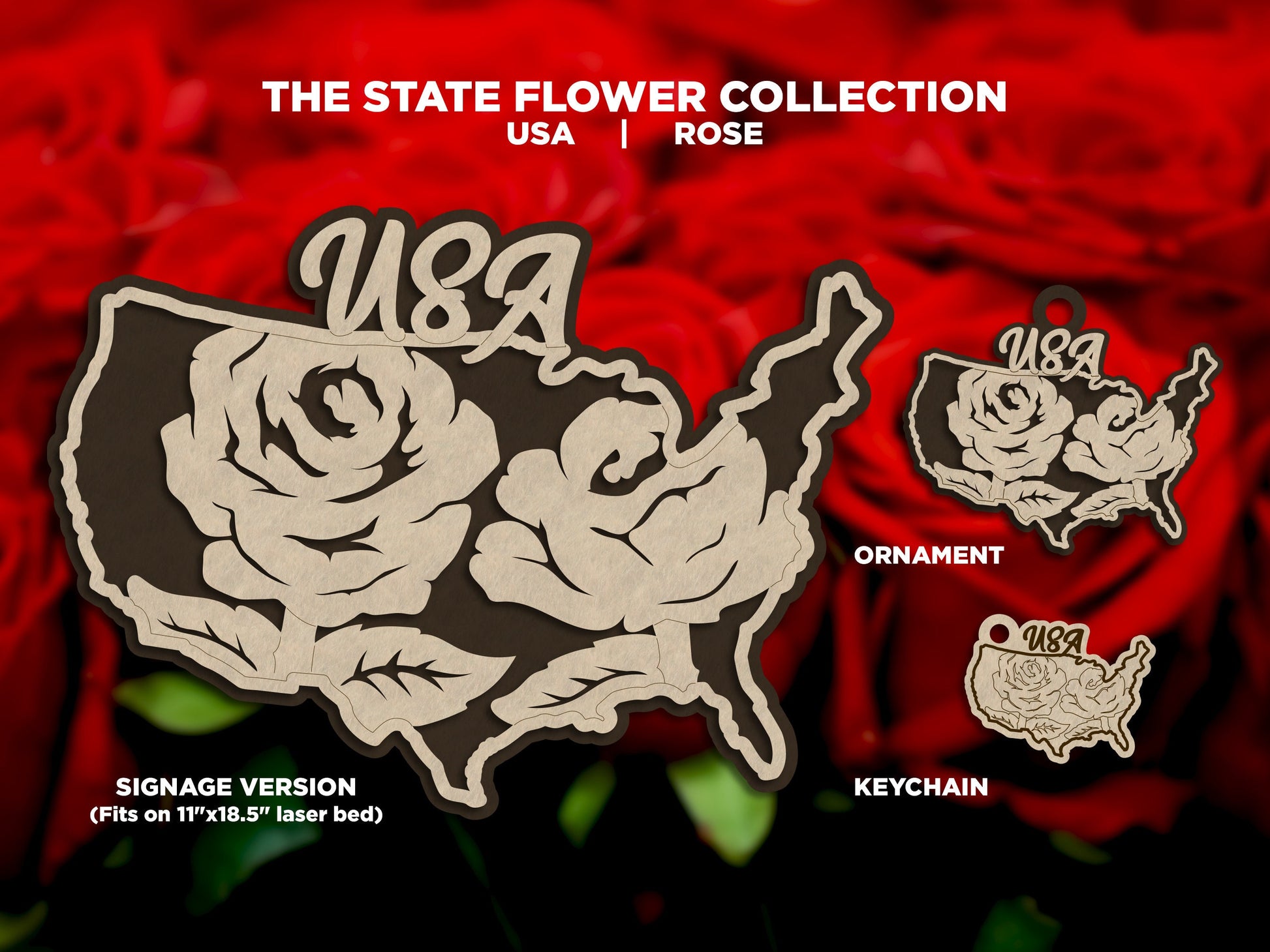 U.S.A Flower Collection - Ornaments, Keychains & Signage Included - SVG, PDF, AI File types - Works With All Lasers