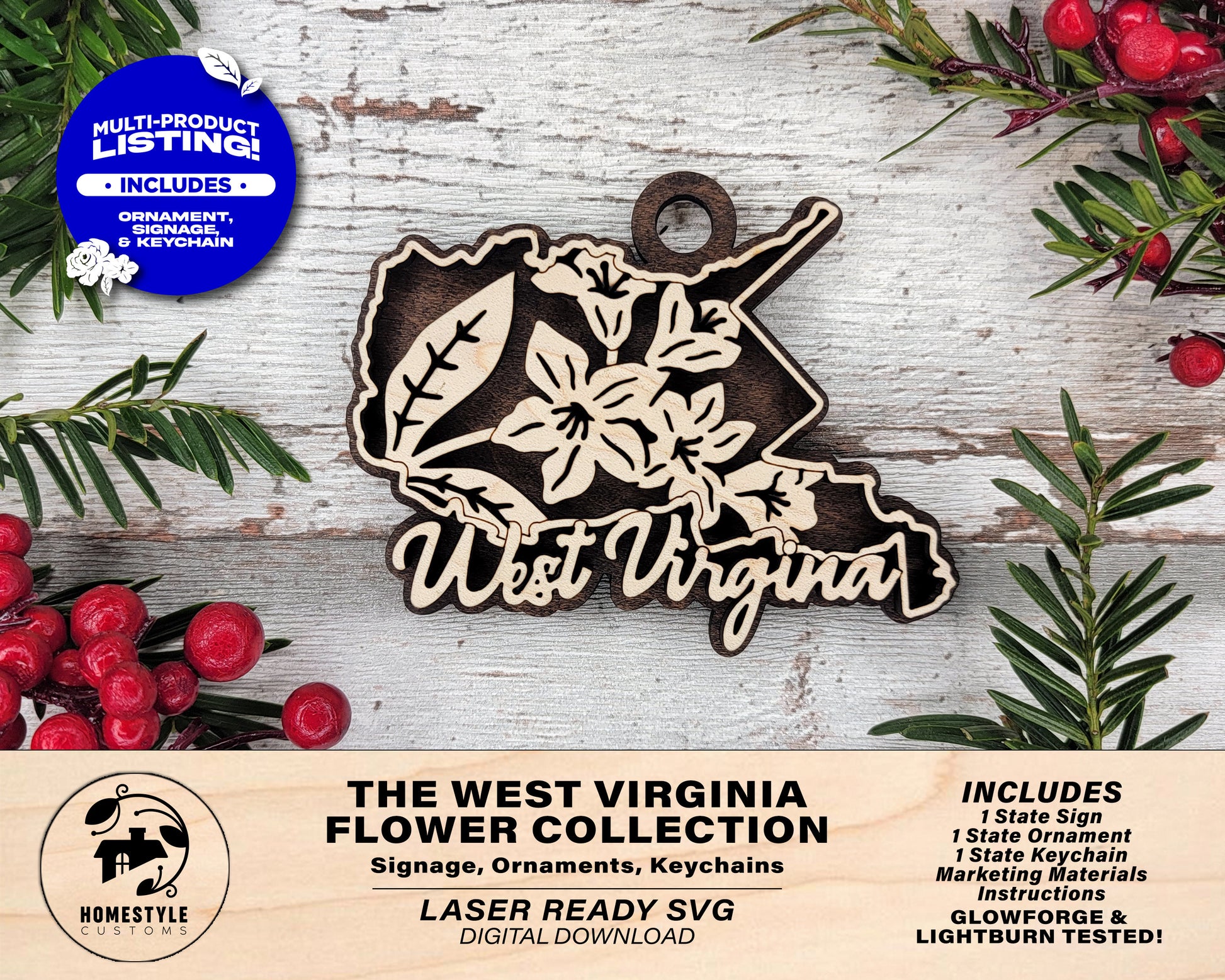 West Virginia State Flower Collection - Ornaments, Keychains & Signage Included - SVG, PDF, AI File types - Works With All Lasers