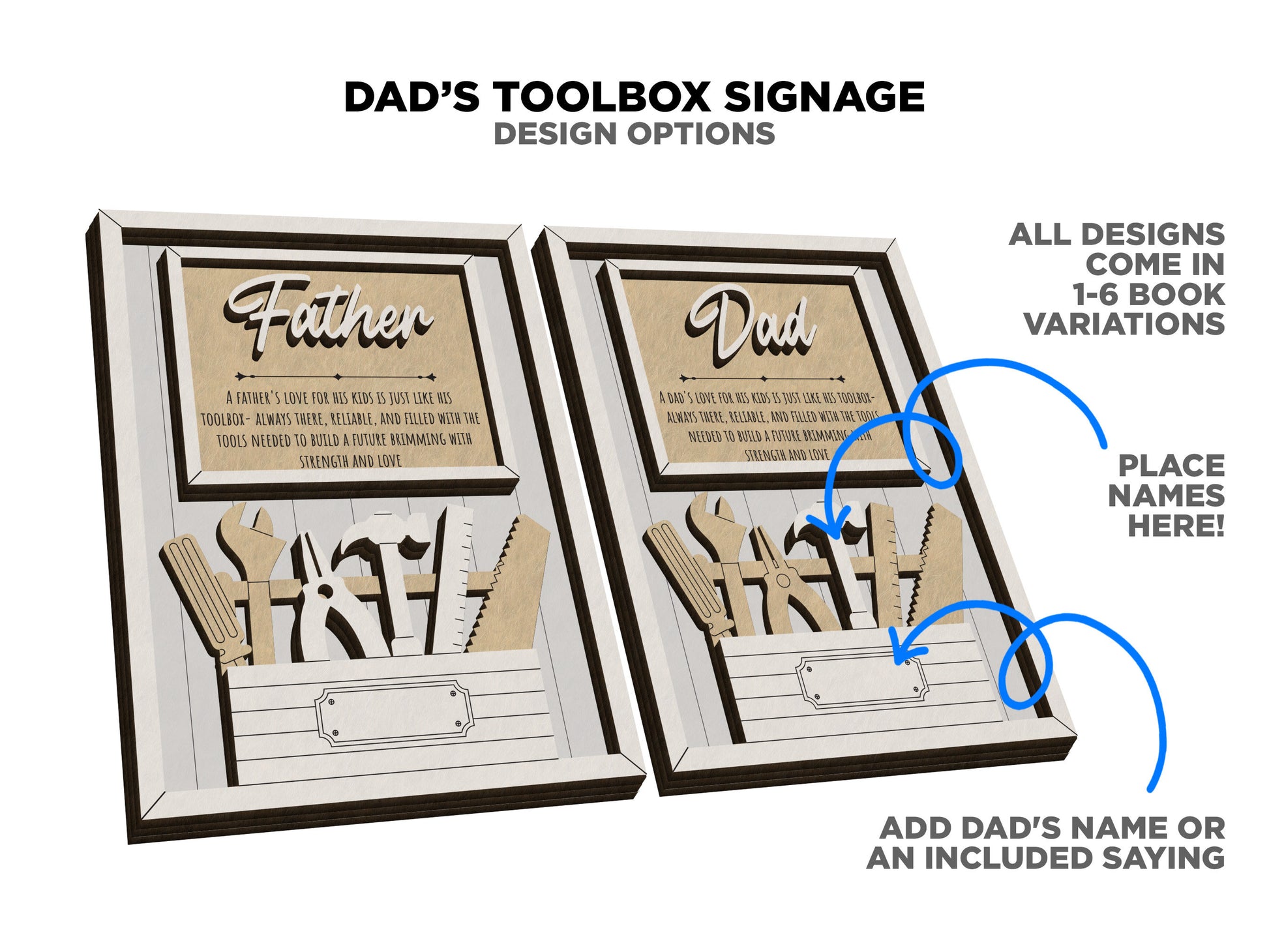 Dad's Toolbox Signage - 1-6 Name - 8 variations of 'Dad' - Tested on Glowforge, Xtool & Lightburn