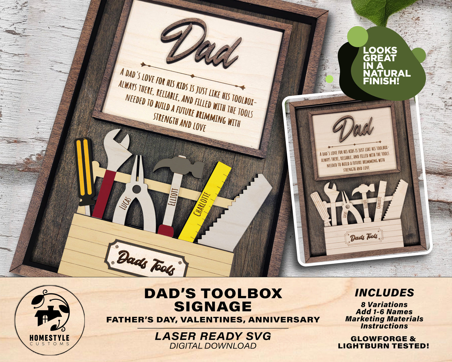 Dad's Toolbox Signage - 1-6 Name - 8 variations of 'Dad' - Tested on Glowforge, Xtool & Lightburn