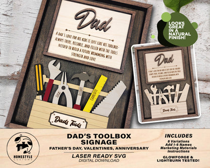 Dad's Toolbox Signage - 1-6 Name - 8 variations of 'Dad' - Tested on Glowforge, Xtool & Lightburn