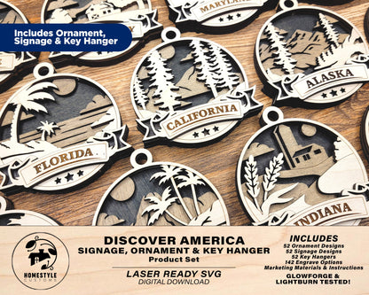 Discover America Product Set - Includes Ornaments, Signage & Key Hanger - SVG, PDF, AI File types - Works With All Lasers