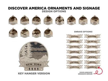 Discover America Product Set - Includes Ornaments, Signage & Key Hanger - SVG, PDF, AI File types - Works With All Lasers