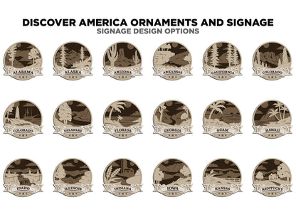 Discover America Product Set - Includes Ornaments, Signage & Key Hanger - SVG, PDF, AI File types - Works With All Lasers