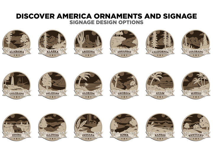 Discover America Product Set - Includes Ornaments, Signage & Key Hanger - SVG, PDF, AI File types - Works With All Lasers