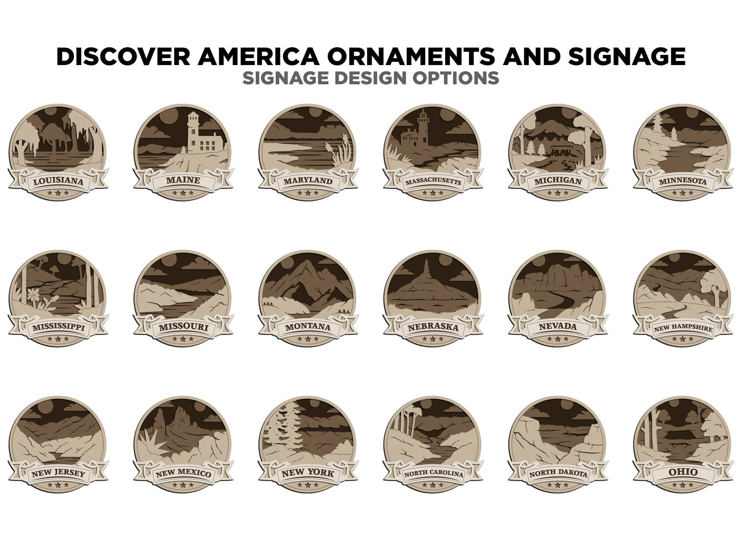 Discover America Product Set - Includes Ornaments, Signage & Key Hanger - SVG, PDF, AI File types - Works With All Lasers