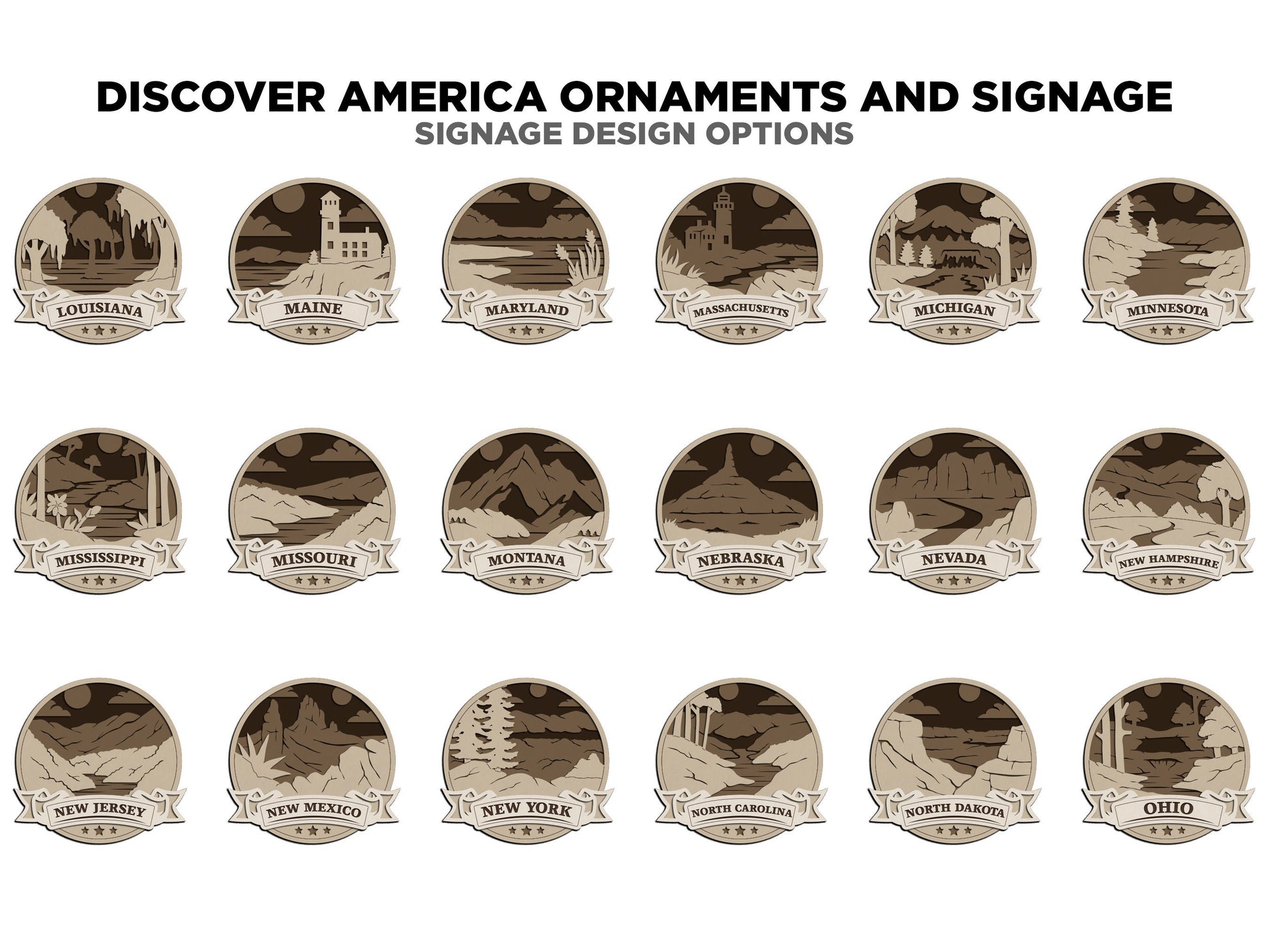 Discover America Product Set - Includes Ornaments, Signage & Key Hanger - SVG, PDF, AI File types - Works With All Lasers