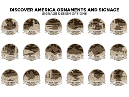 Discover America Product Set - Includes Ornaments, Signage & Key Hanger - SVG, PDF, AI File types - Works With All Lasers