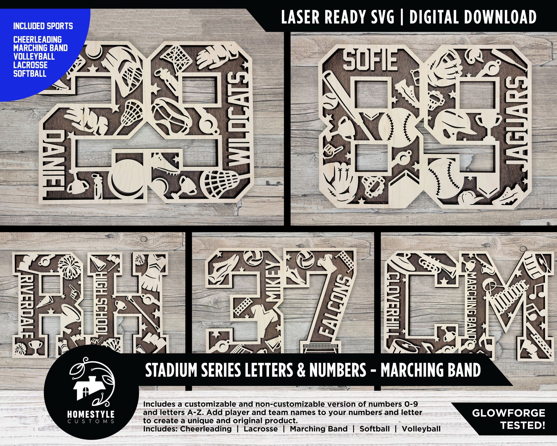 Stadium Series Letters and Numbers Expansion Bundle - Customizable and Non Customizable options - Tested on Glowforge, Xtool & Lightburn