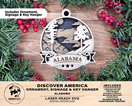 Alabama Discover America Set - Includes Ornaments, Signage & Key Hanger - SVG, PDF, AI File types - Works With All Lasers