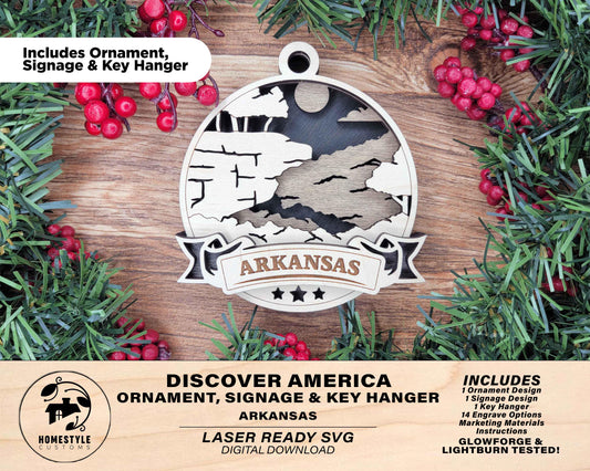 Arkansas Discover America Set - Includes Ornaments, Signage & Key Hanger - SVG, PDF, AI File types - Works With All Lasers