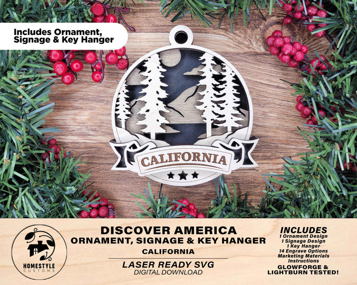 California Discover America Set - Includes Ornaments, Signage & Key Hanger - SVG, PDF, AI File types - Works With All Lasers