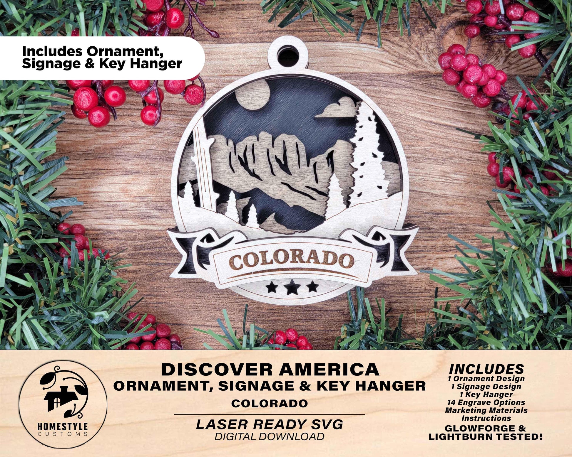 Colorado Discover America Set - Includes Ornaments, Signage & Key Hanger - SVG, PDF, AI File types - Works With All Lasers