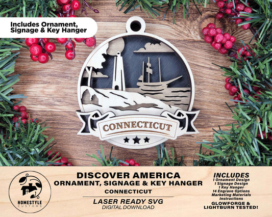 Connecticut Discover America Set - Includes Ornaments, Signage & Key Hanger - SVG, PDF, AI File types - Works With All Lasers