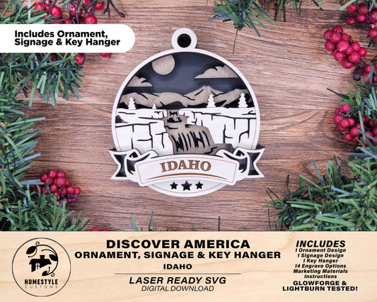 Idaho Discover America Set - Includes Ornaments, Signage & Key Hanger - SVG, PDF, AI File types - Works With All Lasers