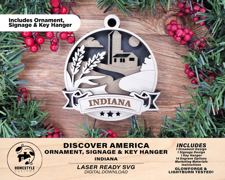 Indiana Discover America Set - Includes Ornaments, Signage & Key Hanger - SVG, PDF, AI File types - Works With All Lasers