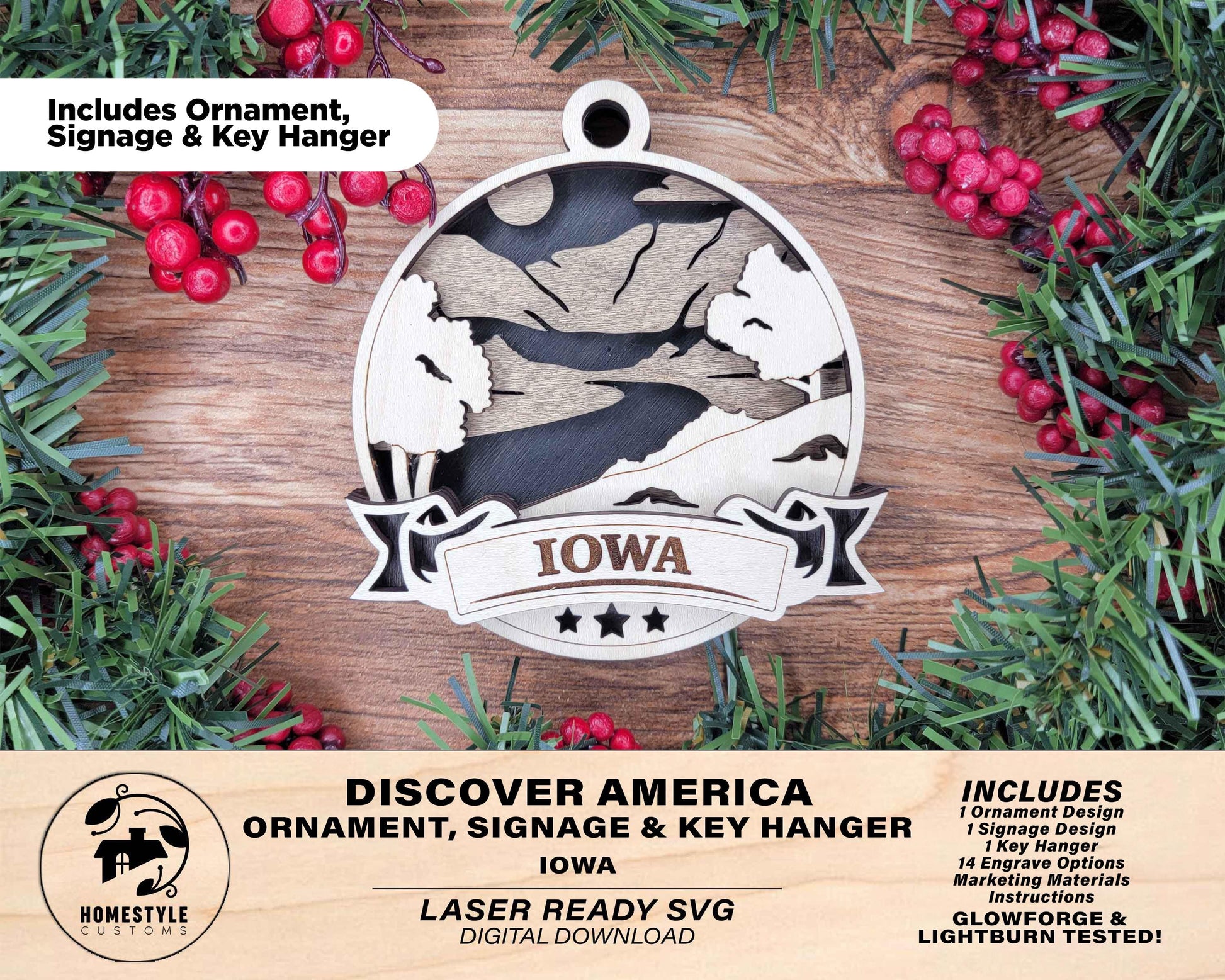 Iowa Discover America Set - Includes Ornaments, Signage & Key Hanger - SVG, PDF, AI File types - Works With All Lasers