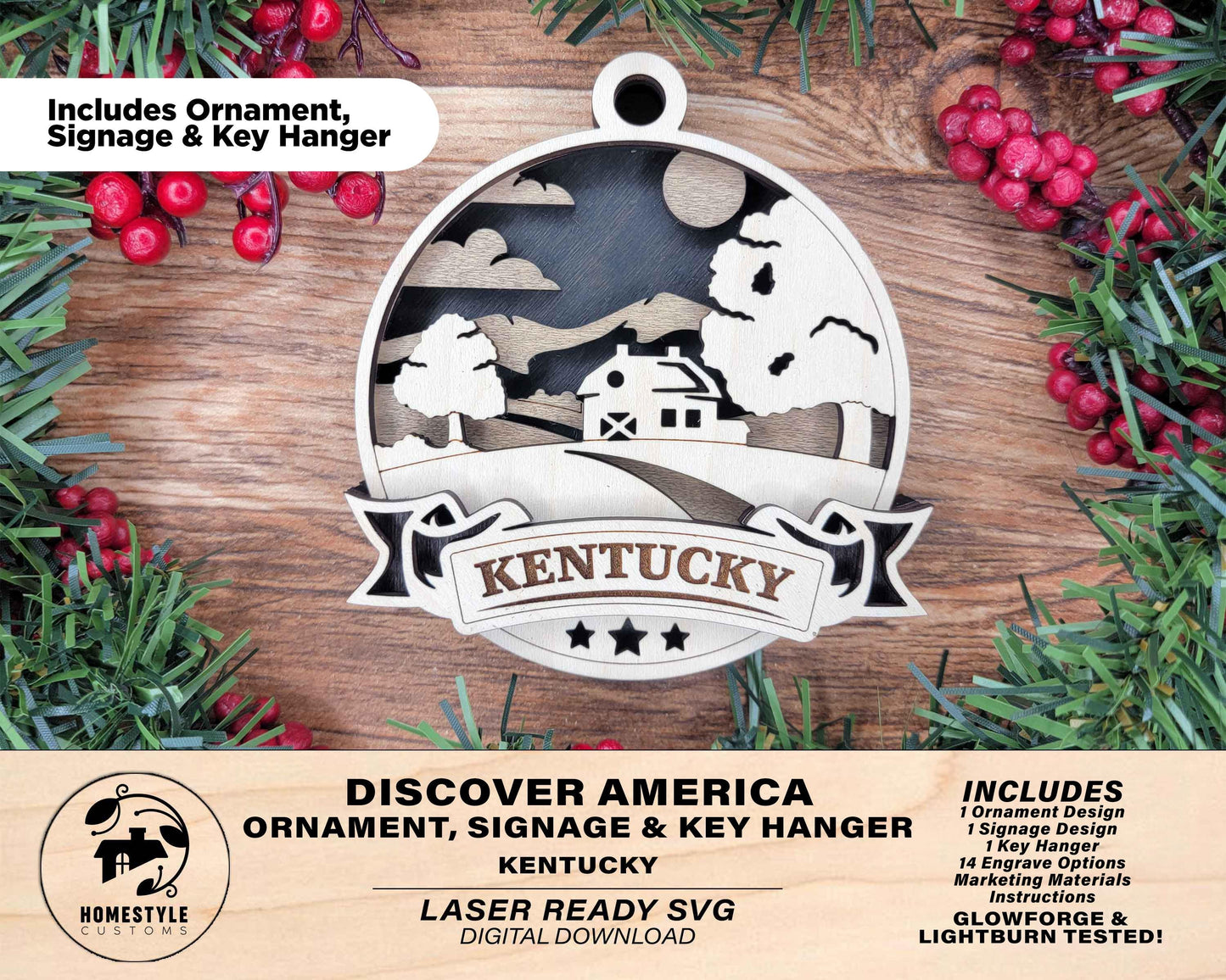 Kentucky Discover America Set - Includes Ornaments, Signage & Key Hanger - SVG, PDF, AI File types - Works With All Lasers