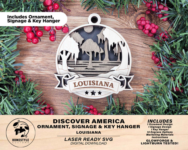 Louisiana Discover America Set - Includes Ornaments, Signage & Key Hanger - SVG, PDF, AI File types - Works With All Lasers