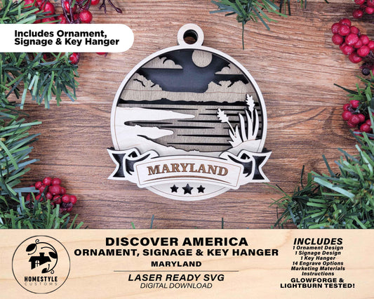 Maryland Discover America Set - Includes Ornaments, Signage & Key Hanger - SVG, PDF, AI File types - Works With All Lasers